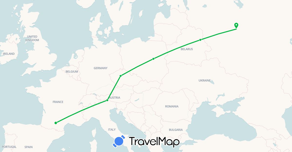 TravelMap itinerary: driving, bus in Belarus, Czech Republic, France, Poland, Russia (Europe)